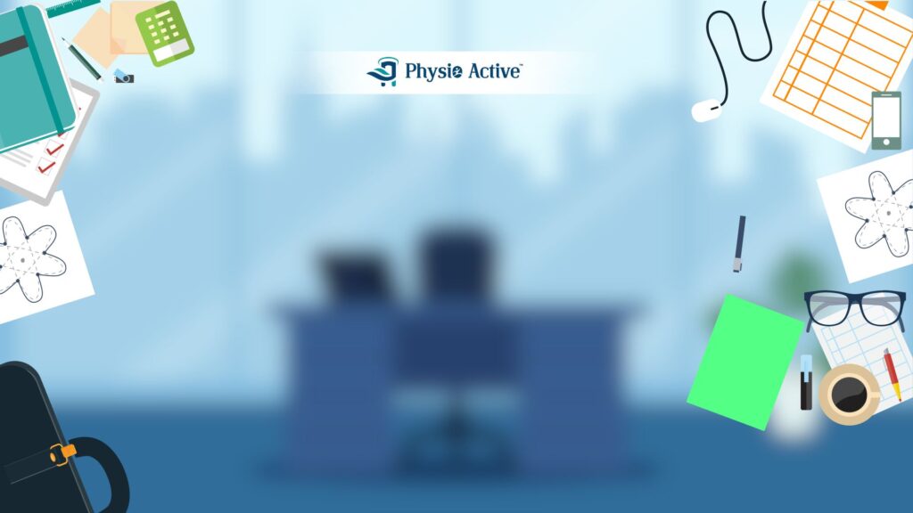 Physiotherapist-approved image demonstrating proper ergonomic desk setup for a healthy corporate life. Shows a person sitting in an adjustable chair with feet flat, knees at 90-degrees, monitor at eye level to prevent tech neck, and good lumbar support. Essential guide for combating desk pain and boosting office productivity.