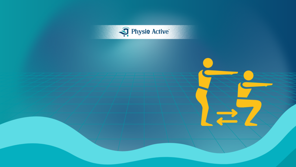 Physiotherapy-guided squat showing correct knee alignment, spine posture, and core engagement